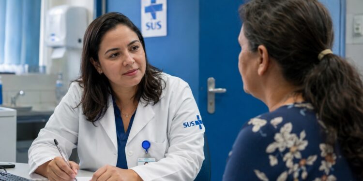 Imagem ilustrativa de médica do SUS, de jaleco branco, em consulta com uma paciente, tema do projeto que prevê exames genéticos para câncer de mama hereditário.