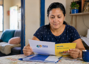 Mulher analisa documento do INSS e cartilha do Bolsa Família à mesa em casa