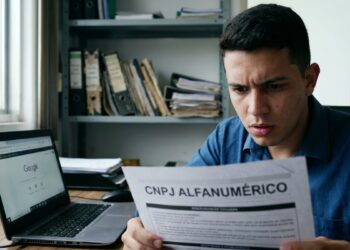Homem lê com atenção um documento sobre o CNPJ alfanumérico ao lado do notebook, representando empresários afetados pela mudança da Receita Federal.