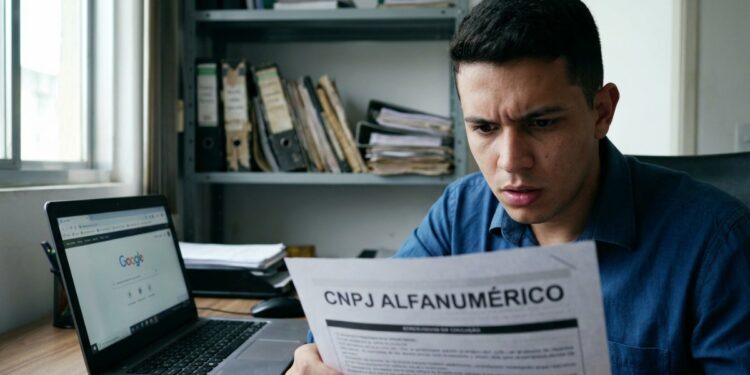 Homem lê com atenção um documento sobre o CNPJ alfanumérico ao lado do notebook, representando empresários afetados pela mudança da Receita Federal.