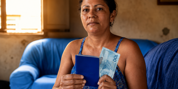 Mulher segura carteira de trabalho e cédula de cem reais sentada em casa