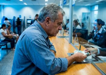 Aposentado confere cédulas de dinheiro no caixa de uma agência, representando a devolução dos descontos indevidos do INSS em 2026.