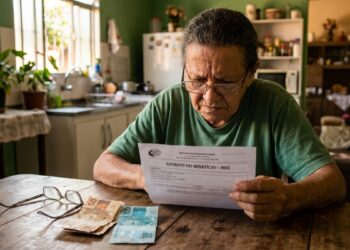 Mulher idosa, de óculos, examina atentamente o extrato do benefício do INSS sobre a mesa de madeira, ao lado de notas de R$ 50 e R$ 100