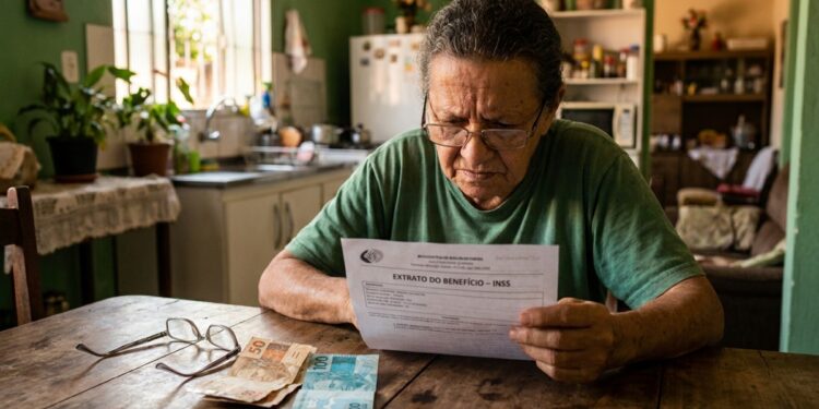 Mulher idosa, de óculos, examina atentamente o extrato do benefício do INSS sobre a mesa de madeira, ao lado de notas de R$ 50 e R$ 100
