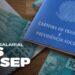 Carteira de trabalho azul sobre cédulas de 100 reais com a inscrição PIS/Pasep, ilustrando as cotas do antigo fundo
