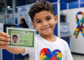 Menino de cabelo castanho segura carteira de identidade com símbolo do autismo, vestindo camiseta branca com quebra-cabeça colorido
