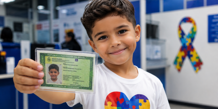 Menino de cabelo castanho segura carteira de identidade com símbolo do autismo, vestindo camiseta branca com quebra-cabeça colorido