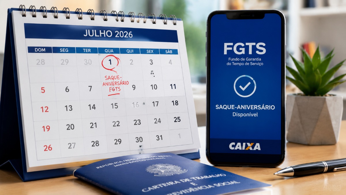 Imagem ilustrativa com calendário de julho de 2026, o dia 1º destacado, celular com o aplicativo do FGTS e a carteira de trabalho ao lado.