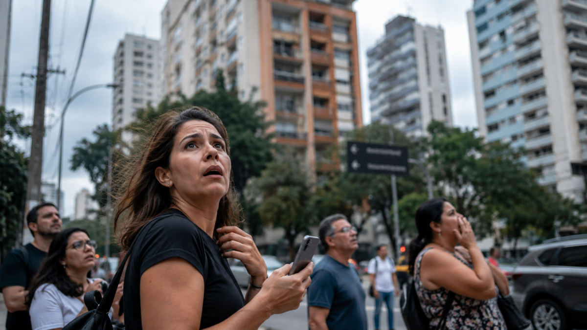 Imagem ilustrativa de moradores assustados deixando os prédios após sentirem, no Norte do Brasil, os tremores do terremoto da Venezuela.