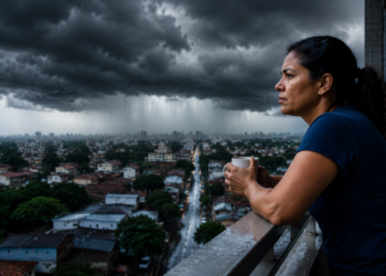 Mulher observa nuvens carregadas na varanda com vista para cidade durante a chuva