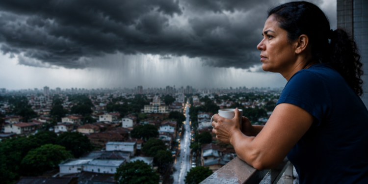 Mulher observa nuvens carregadas na varanda com vista para cidade durante a chuva