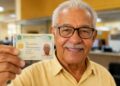 Idoso de óculos sorri ao mostrar a nova Carteira de Identidade Nacional, que não precisa de renovação para quem tem 60 anos ou mais