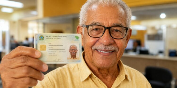 Idoso de óculos sorri ao mostrar a nova Carteira de Identidade Nacional, que não precisa de renovação para quem tem 60 anos ou mais