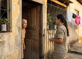 Entrevistadora do Cadastro Único conversa com moradora na porta da residência durante visita domiciliar.