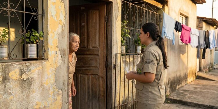 Entrevistadora do Cadastro Único conversa com moradora na porta da residência durante visita domiciliar.