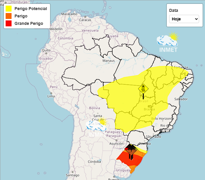 Mapa do Brasil com regiões em perigo meteorológico marcadas em amarelo, laranja e vermelho pelo Inmet.