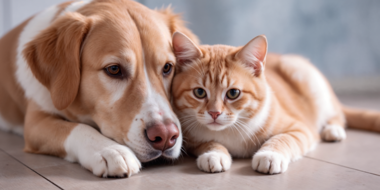 Cachorro e gato deitados juntos no chão.