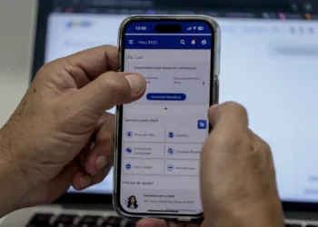 Mãos seguram celular exibindo app Meu INSS com nome Luiz, frente a notebook desfocado