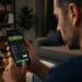 Homem segura smartphone exibindo tela de apostas em futebol com bola e pipoca ao fundo