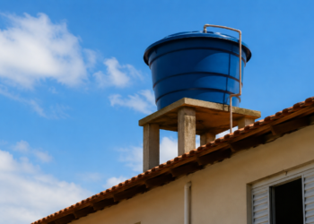 Caixa d’água azul apoiada em estrutura de concreto sobre telhado de casa com céu azul ao fundo