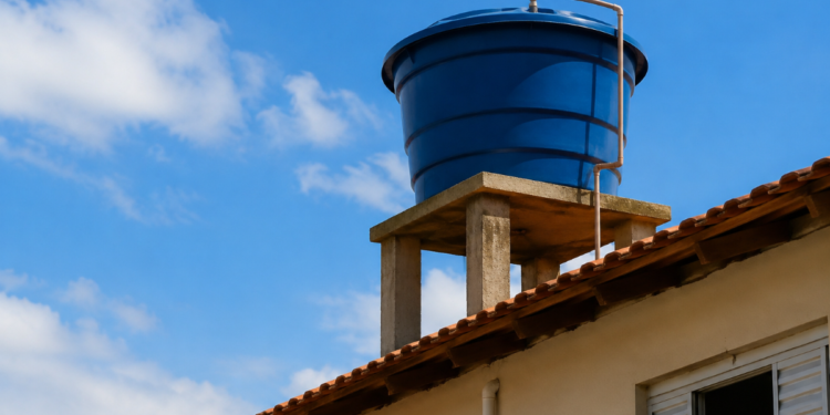 Caixa d’água azul apoiada em estrutura de concreto sobre telhado de casa com céu azul ao fundo