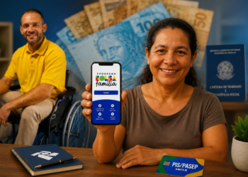Mulher mostrando celular com app Bolsa Família, homem cadeirante ao fundo, carteira de trabalho e cartão PIS/PASEP sobre a mesa