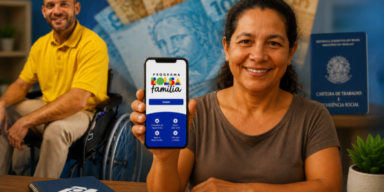Mulher mostrando celular com app Bolsa Família, homem cadeirante ao fundo, carteira de trabalho e cartão PIS/PASEP sobre a mesa