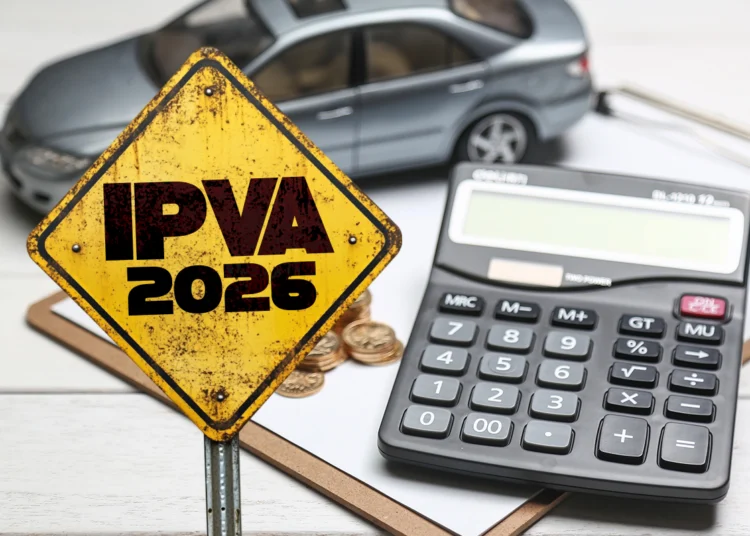 PEC do IPVA por Peso: CCJ Aprova Proposta que Muda Cálculo do Imposto de Veículos 2 Placa amarela com texto IPVA 2026 ao lado de miniatura de carro, moedas e calculadora.