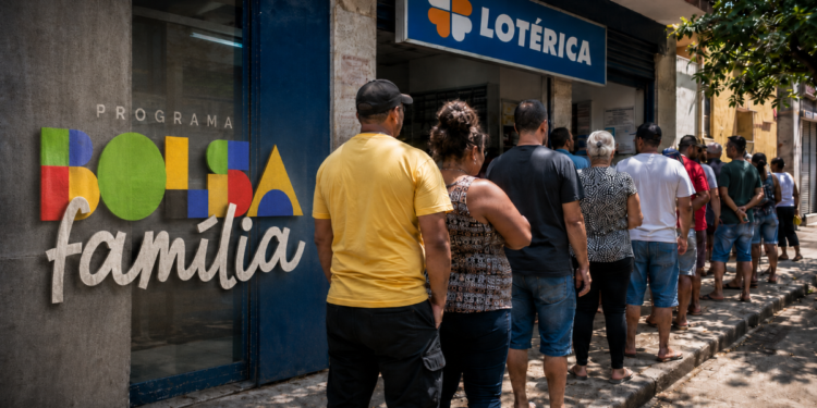Pessoas aguardam em fila diante de uma lotérica para consultar ou receber o Bolsa Família