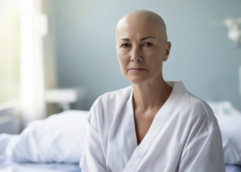 Mulher em tratamento oncológico com olhar resiliente em quarto hospitalar.