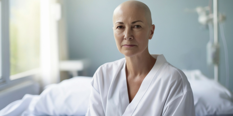 Mulher em tratamento oncológico com olhar resiliente em quarto hospitalar.