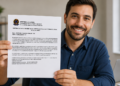 Homem jovem segura certidão negativa de débitos com brasão do Brasil e texto legível, sorrindo em escritório