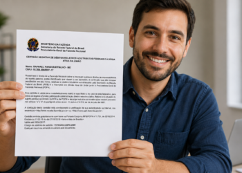 Homem jovem segura certidão negativa de débitos com brasão do Brasil e texto legível, sorrindo em escritório