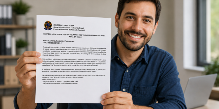Homem jovem segura certidão negativa de débitos com brasão do Brasil e texto legível, sorrindo em escritório