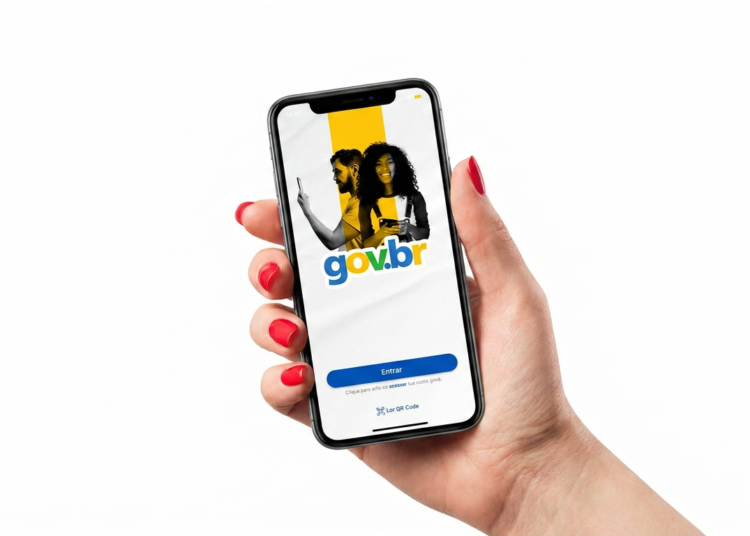 Mão feminina com unhas vermelhas segura celular exibindo tela inicial do aplicativo gov.br.