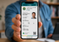 Homem segura smartphone mostrando o aplicativo e-Título aberto, com dados eleitorais visíveis e fundo de escritório desfocado