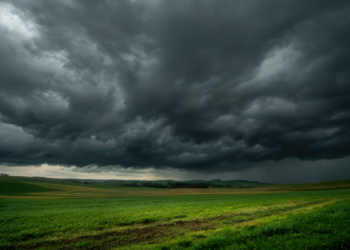 Tempestade iminente se forma sobre campo verde em zona rural.