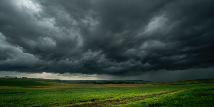 Tempestade iminente se forma sobre campo verde em zona rural.