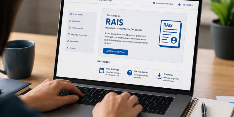 Pessoa acessando página da RAIS no notebook com site do Ministério do Trabalho e botões de navegação visíveis