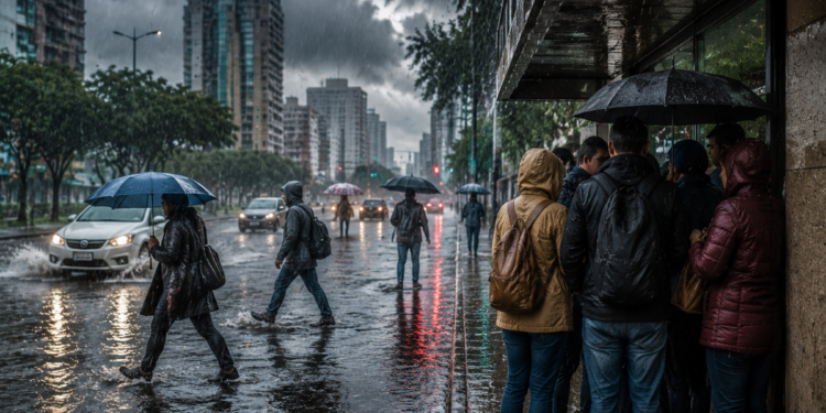 Pessoas com guarda-chuvas atravessam avenida alagada enquanto grupo se abriga na calçada sob chuva intensa