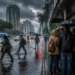 Pessoas com guarda-chuvas atravessam avenida alagada enquanto grupo se abriga na calçada sob chuva intensa