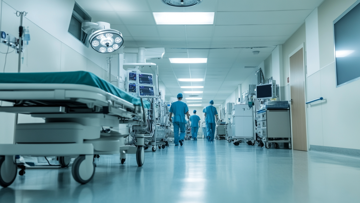Equipe médica caminha por corredor de hospital moderno.