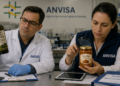 Dois fiscais da ANVISA analisam azeite San Oliveto e doce de leite Fatti a Mano em bancada de laboratório