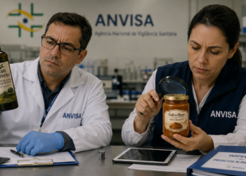 Dois fiscais da ANVISA analisam azeite San Oliveto e doce de leite Fatti a Mano em bancada de laboratório