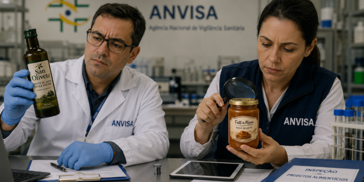 Dois fiscais da ANVISA analisam azeite San Oliveto e doce de leite Fatti a Mano em bancada de laboratório