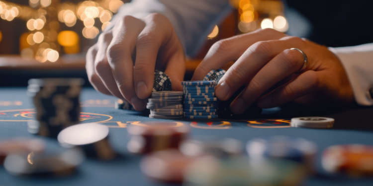 Jogador organiza fichas em mesa de pôquer durante partida de alto nível.