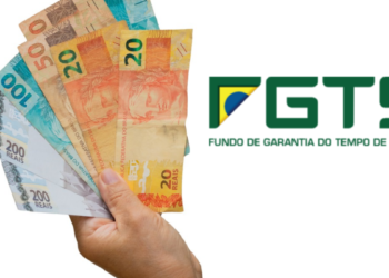 Notas de real ao lado do logo do FGTS em destaque visual.