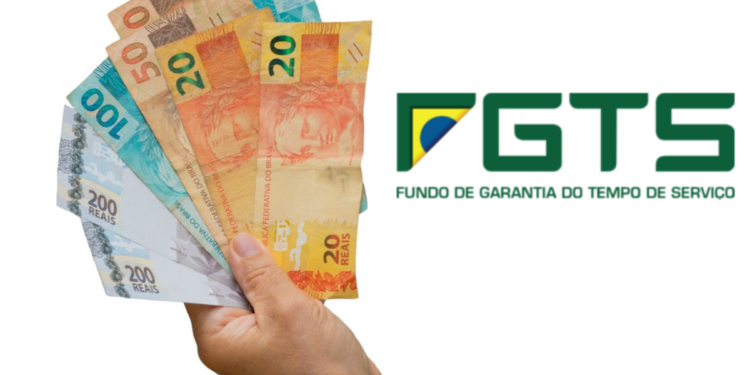 Notas de real ao lado do logo do FGTS em destaque visual.