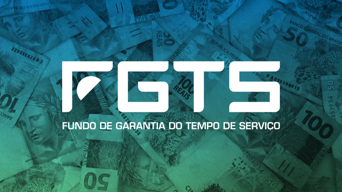 Logo do FGTS sobre fundo composto por notas de 50 e 100 reais espalhadas.
