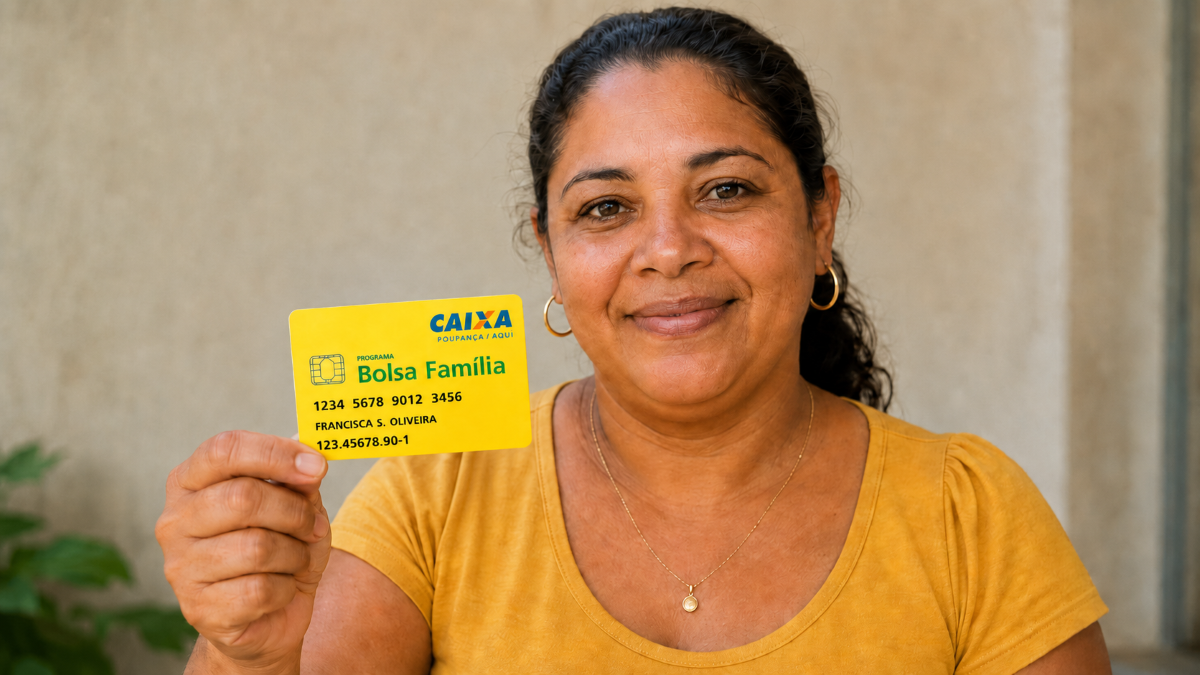 R$ 600 mantido no Bolsa Família de agosto: depósitos começam dia 18 conforme final do NIS 2 Mulher de pele parda sorridente segura cartão amarelo do Bolsa Família próximo ao rosto